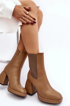 Damskie Boto Botki Damskie Na Platformie I Obcasie Brązowe Stelares