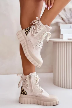 Damskie Evento Botki Damskie Na Platformie Z Ozdobnym Sznurowaniem Panterka Jasnobeżowe Edidda
