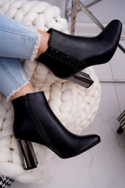 Clearance Boto Botki Damskie Na Srebrnym Słupku Czarne Peve