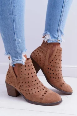 Boto Botki Na Słupku|Brązowe I Beżowe Botki*Botki Damskie Na Słupku Ażurowe z Wycięciami Brązowe Mediolan