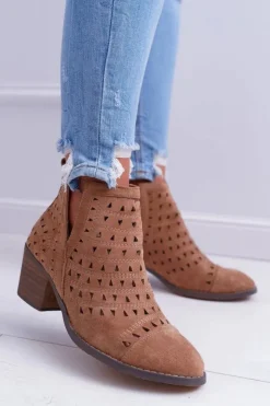 Boto Botki Na Słupku|Brązowe I Beżowe Botki*Botki Damskie Na Słupku Ażurowe z Wycięciami Brązowe Mediolan