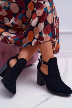 Damskie Boto Botki Damskie Na Słupku Ażurowe Z Wycięciami Czarne GoodDay