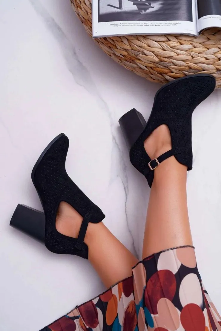 Damskie Boto Botki Damskie Na Słupku Ażurowe Z Wycięciami Czarne GoodDay