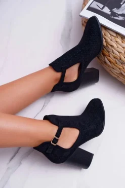 Damskie Boto Botki Damskie Na Słupku Ażurowe Z Wycięciami Czarne GoodDay