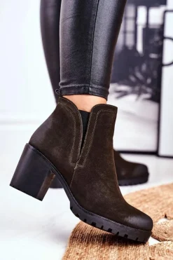 Damskie buty S.Barski Botki Zimowe Damskie|Botki Na Obcasie*Botki Damskie Na Słupku Ciepłe Khaki Veronica