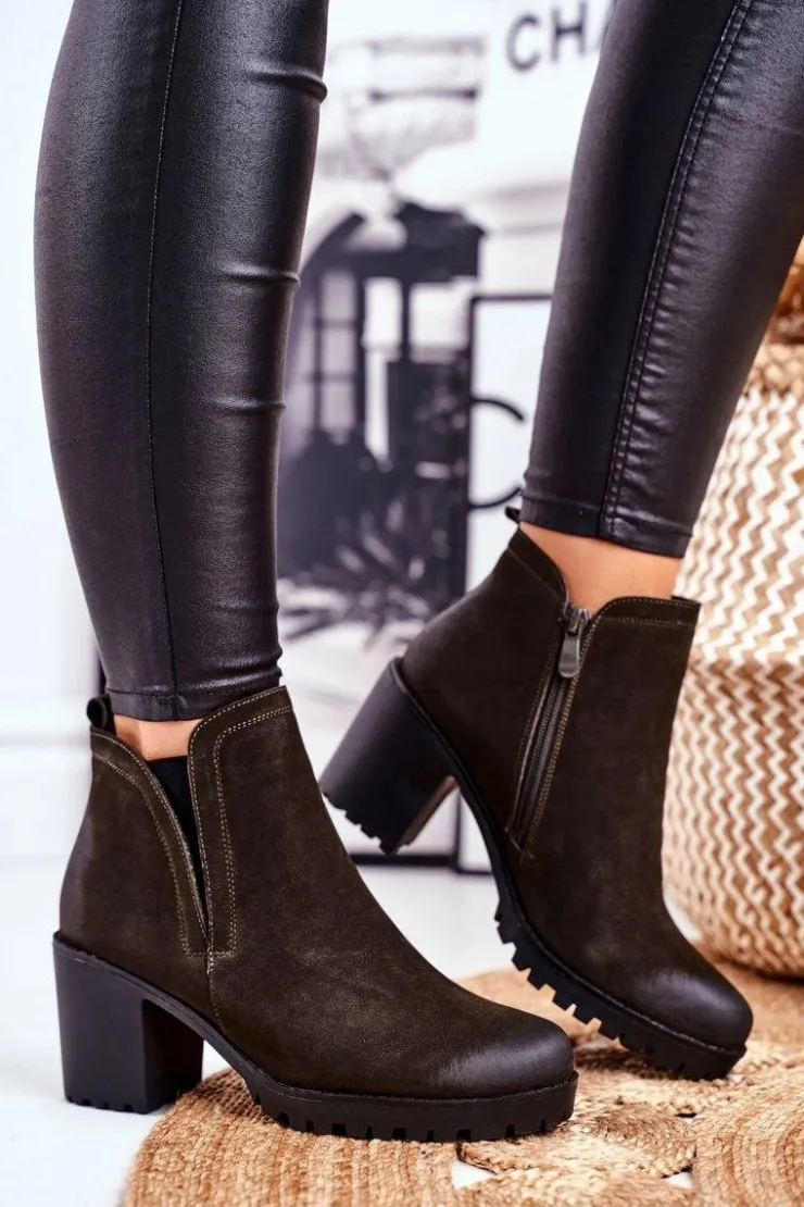 Damskie buty S.Barski Botki Zimowe Damskie|Botki Na Obcasie*Botki Damskie Na Słupku Ciepłe Khaki Veronica