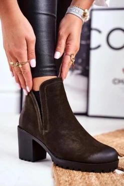 Damskie buty S.Barski Botki Zimowe Damskie|Botki Na Obcasie*Botki Damskie Na Słupku Ciepłe Khaki Veronica