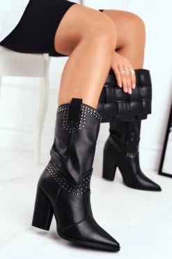 Damskie Boto Botki Damskie Na Słupku Ciepłe Kowbojki Czarne Athens