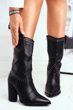 Damskie Boto Botki Damskie Na Słupku Ciepłe Kowbojki Czarne Athens