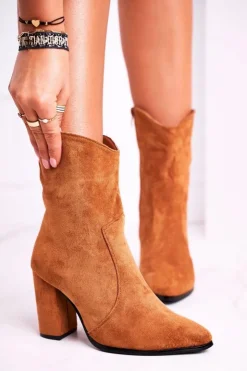 Damskie Boto Botki Damskie Na Słupku Eko-Zamsz Camel Ecstasy