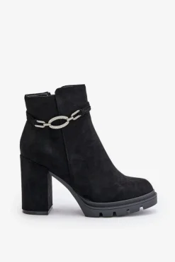 Hot Boto Botki Damskie Na Słupku Eko Zamszowe Z Ozdobnym Paskiem Czarne Maivone Czarny