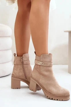 Sale Boto Botki Damskie Na Słupku Eko Zamszowe Ocieplane Na Zamek Beżowe Laonora