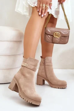 Sale Boto Botki Damskie Na Słupku Eko Zamszowe Ocieplane Na Zamek Beżowe Laonora