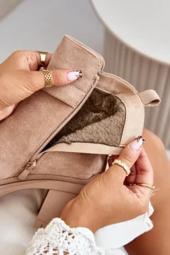 Sale Boto Botki Damskie Na Słupku Eko Zamszowe Ocieplane Na Zamek Beżowe Laonora