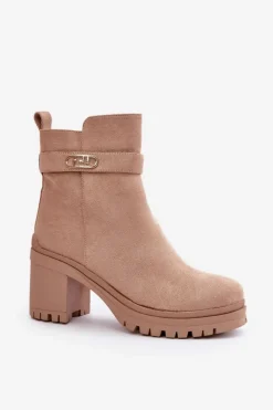 Sale Boto Botki Damskie Na Słupku Eko Zamszowe Ocieplane Na Zamek Beżowe Laonora