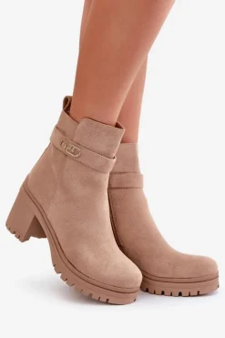 Sale Boto Botki Damskie Na Słupku Eko Zamszowe Ocieplane Na Zamek Beżowe Laonora