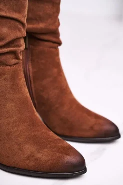 Buty damskie Vinceza Botki Na Słupku|Czarne Botki*Botki Damskie Na Słupku Eko-Zamsz Camel Up Side