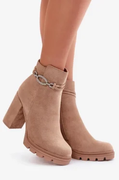 Online Boto Botki Damskie Na Słupku Eko Zamszowe Z Ozdobnym Paskiem Beżowe Maivone