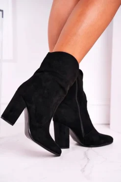 Boto Botki Na Słupku|Czarne Botki*Botki Damskie Na Słupku Eko-Zamsz Czarne Ecstasy