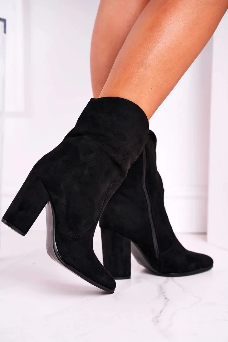 Boto Botki Na Słupku|Czarne Botki*Botki Damskie Na Słupku Eko-Zamsz Czarne Ecstasy