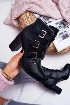 Boto Botki Na Słupku|Botki Zimowe Damskie*Botki Damskie Na Słupku Klamry Czarne Finbas