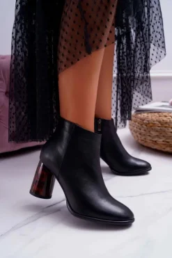 Damskie Laura Messi Botki Damskie Na Słupku Skórzane Czarne 2056