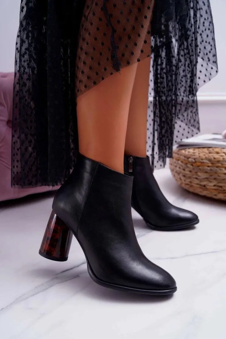 Damskie Laura Messi Botki Damskie Na Słupku Skórzane Czarne 2056
