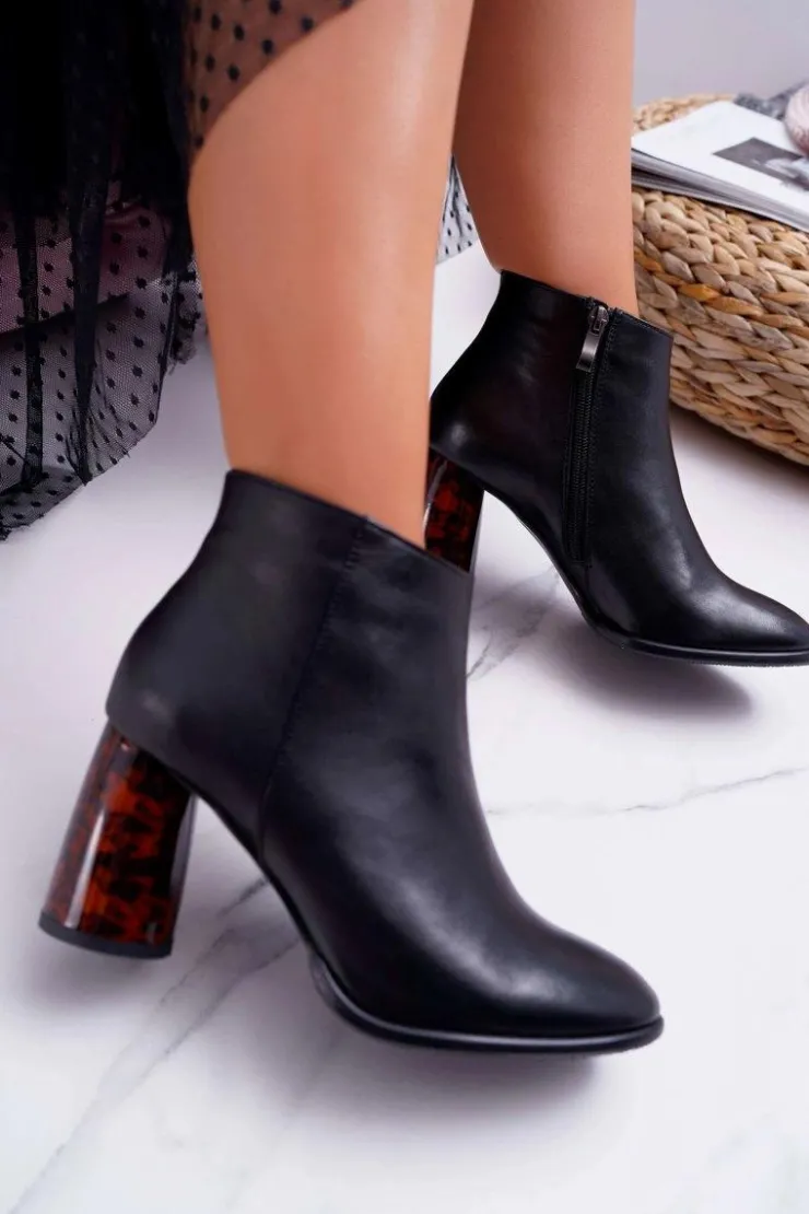 Damskie Laura Messi Botki Damskie Na Słupku Skórzane Czarne 2056