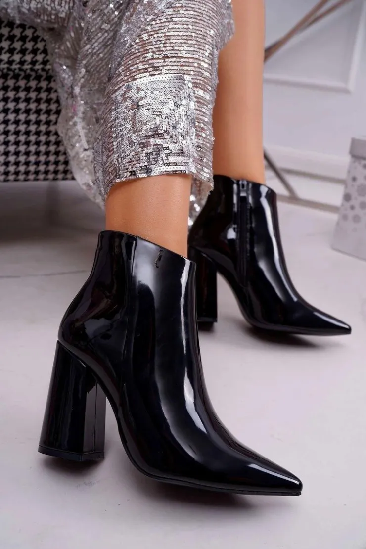 Damskie Boto Botki Damskie Na Słupku Lakierowane Czarne Ferty