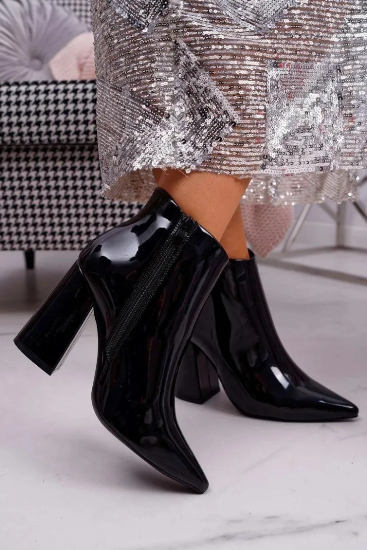 Damskie Boto Botki Damskie Na Słupku Lakierowane Czarne Ferty