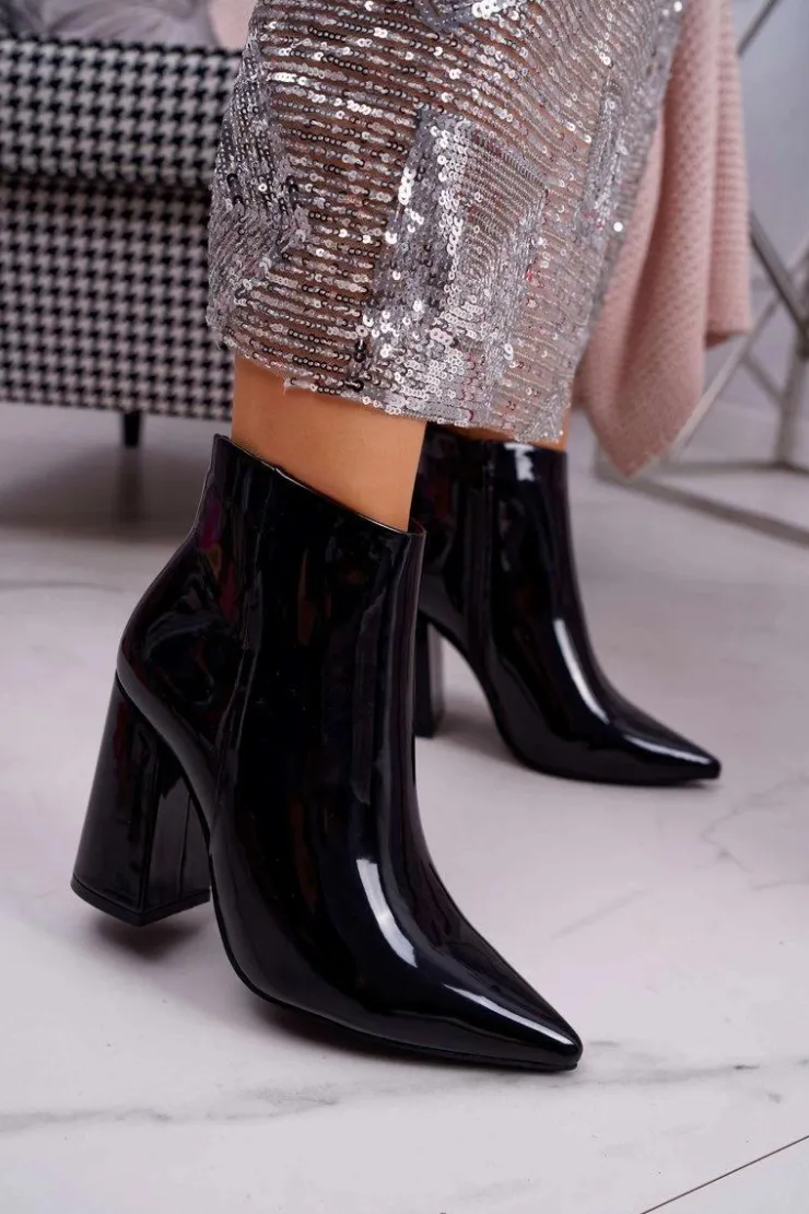 Damskie Boto Botki Damskie Na Słupku Lakierowane Czarne Ferty