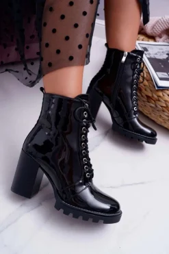 Damskie Boto Botki Damskie Na Słupku Lakierowane Czarne Insist