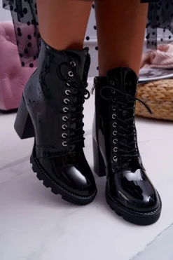 Damskie Boto Botki Damskie Na Słupku Lakierowane Czarne Insist