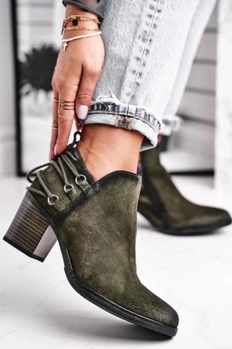 Maciejka Botki Wiosenne|Botki Maciejka*Botki Damskie Na Słupku Wiosenne Skóra Oliwkowe 04812-24