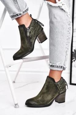 Maciejka Botki Wiosenne|Botki Maciejka*Botki Damskie Na Słupku Wiosenne Skóra Oliwkowe 04812-24