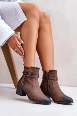 Boto Botki Ocieplane|Botki Na Obcasie*Botki Damskie Na Słupku Ocieplane Brązowe Lobina Brązowy