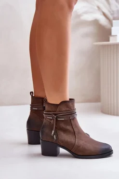 Boto Botki Ocieplane|Botki Na Obcasie*Botki Damskie Na Słupku Ocieplane Brązowe Lobina Brązowy
