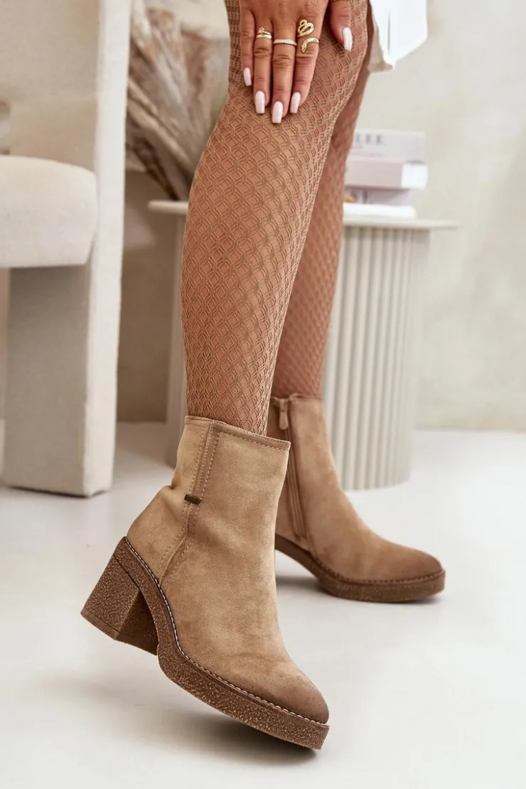 Hot Boto Botki Damskie Na Słupku Ocieplane Eko Zamszowe Beżowe Arkesia Beżowy