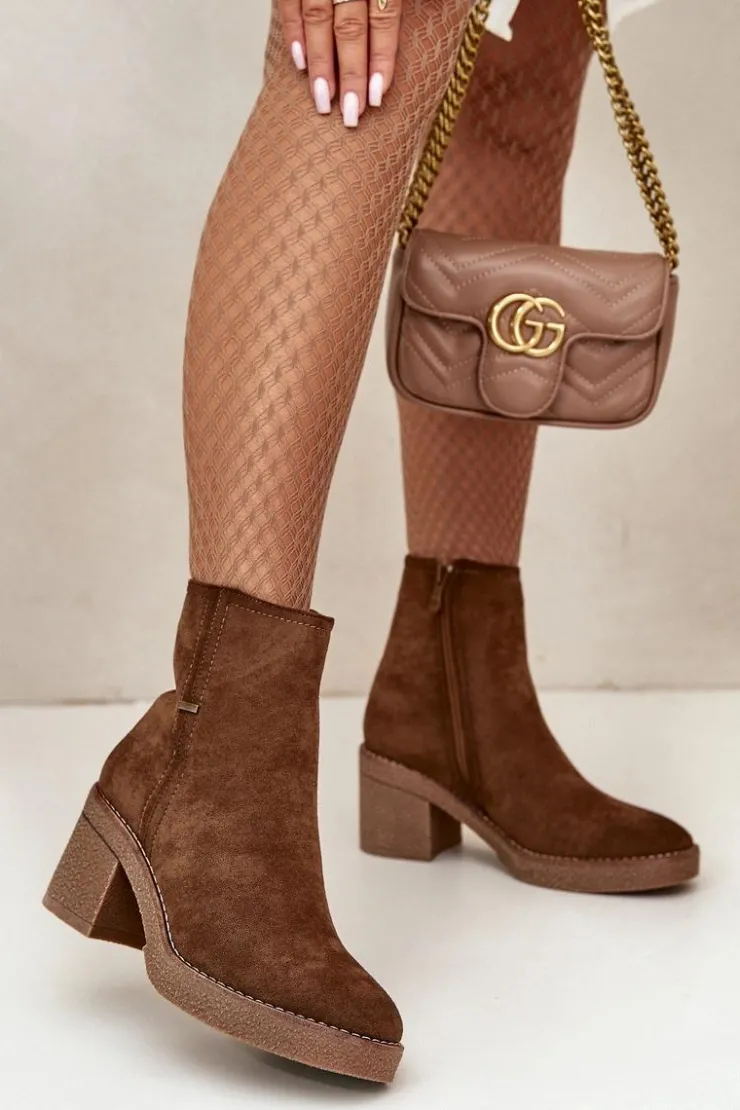 New Boto Botki Damskie Na Słupku Ocieplane Eko Zamszowe Brązowe Arkesia