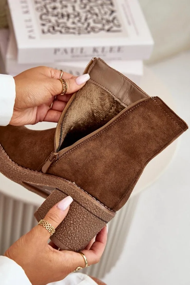 New Boto Botki Damskie Na Słupku Ocieplane Eko Zamszowe Brązowe Arkesia