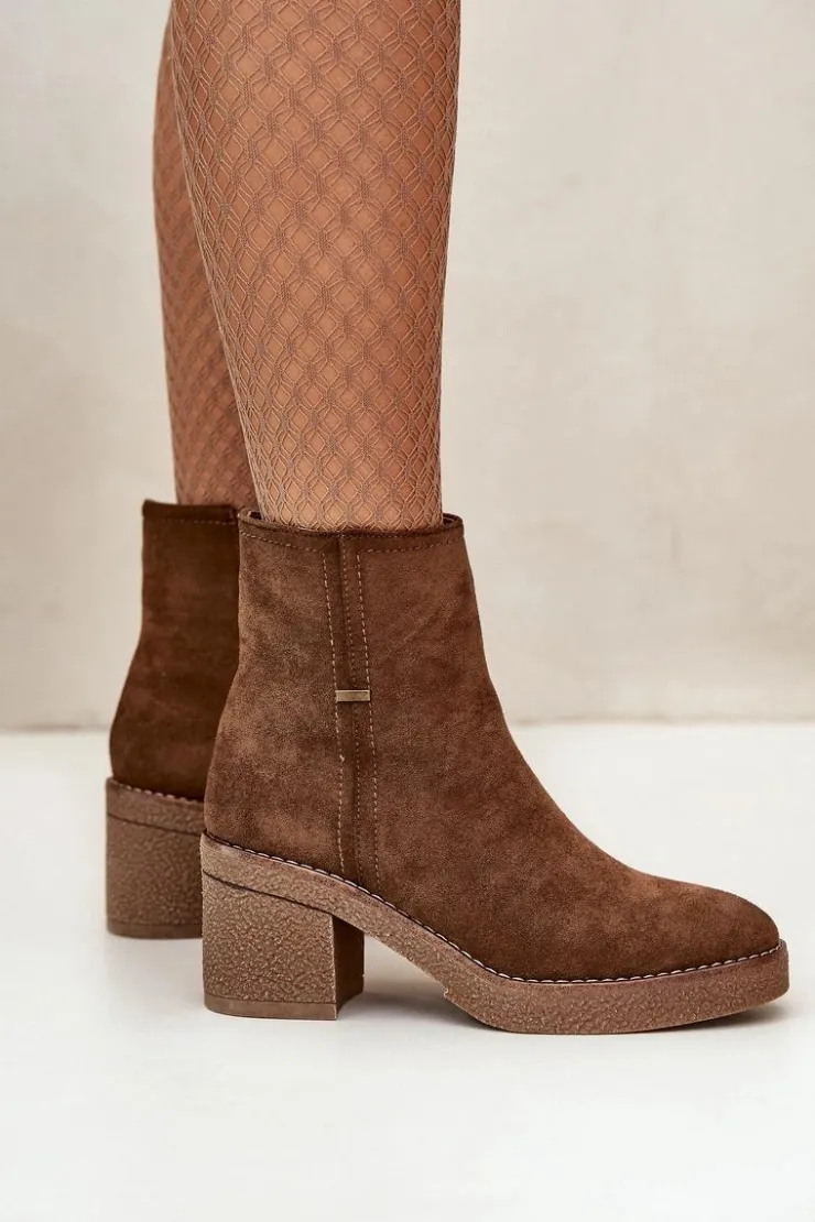 New Boto Botki Damskie Na Słupku Ocieplane Eko Zamszowe Brązowe Arkesia