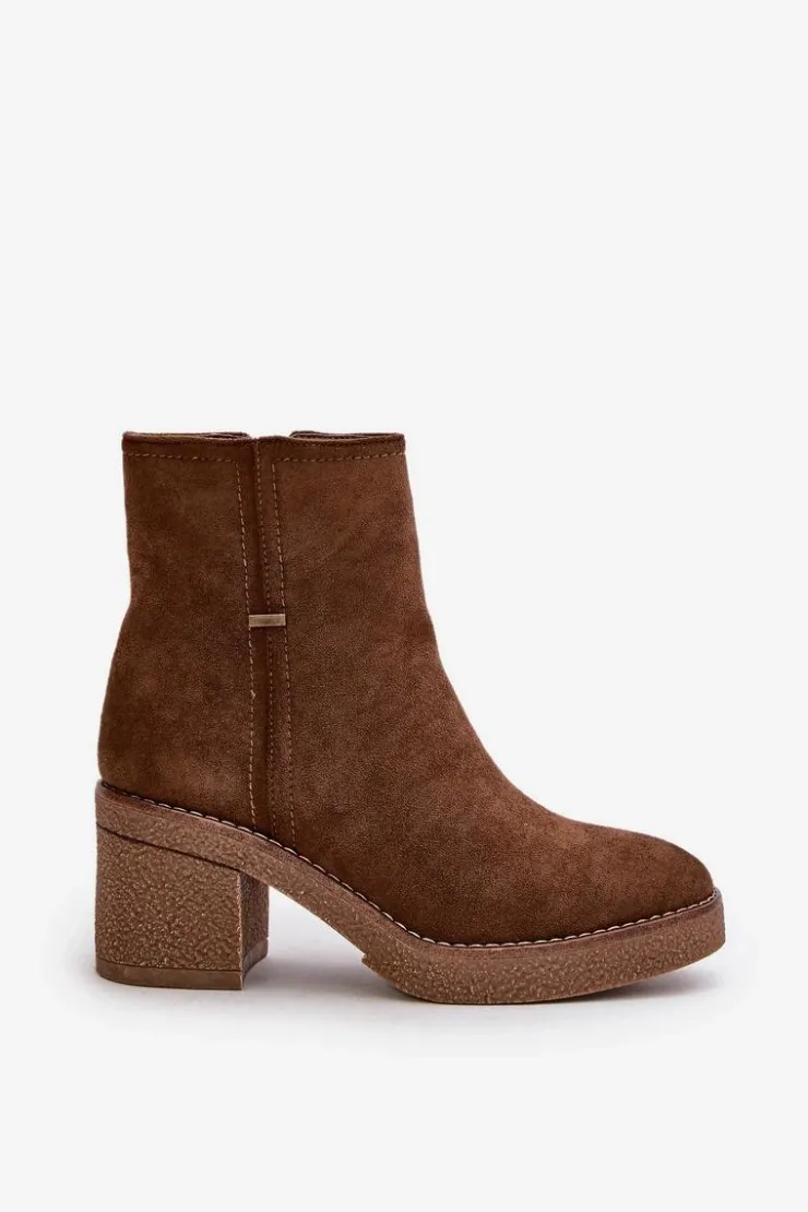 New Boto Botki Damskie Na Słupku Ocieplane Eko Zamszowe Brązowe Arkesia