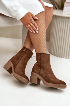 New Boto Botki Damskie Na Słupku Ocieplane Eko Zamszowe Brązowe Arkesia