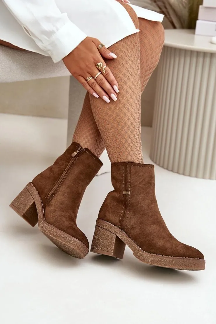 New Boto Botki Damskie Na Słupku Ocieplane Eko Zamszowe Brązowe Arkesia