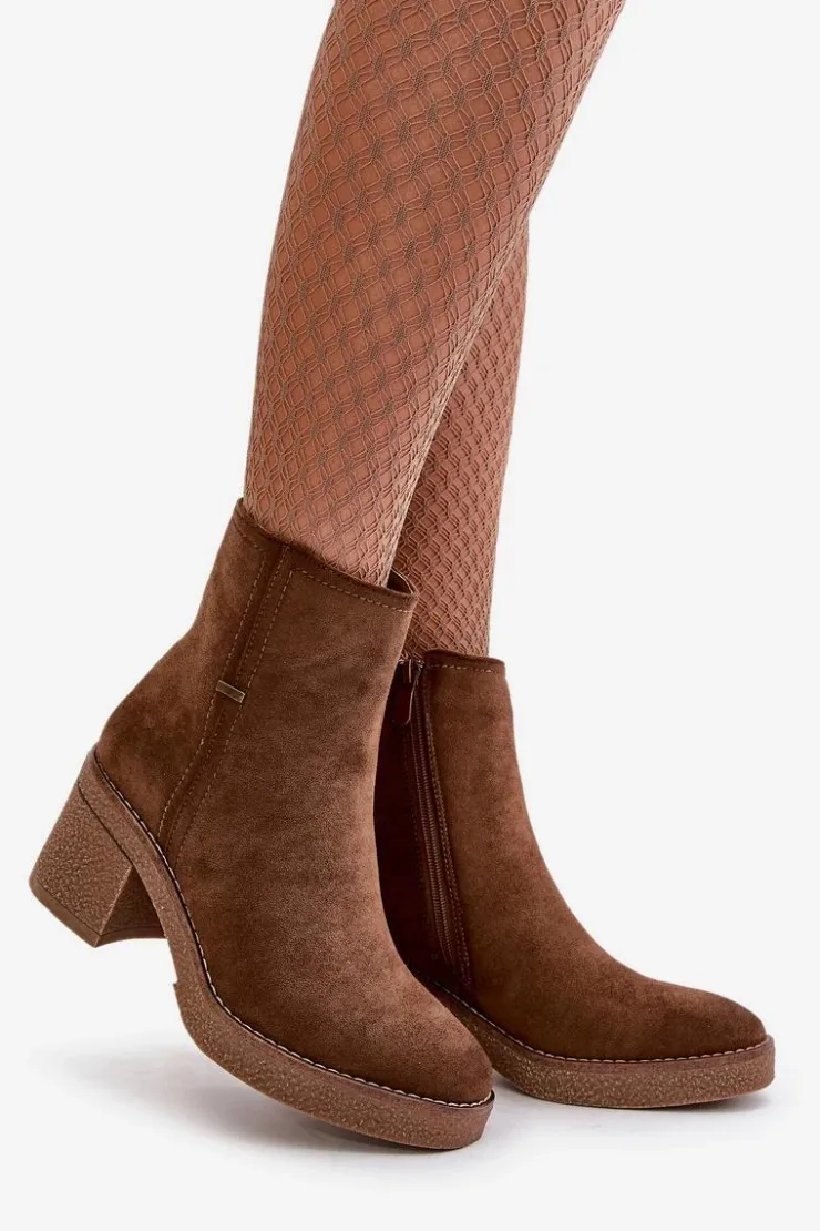 New Boto Botki Damskie Na Słupku Ocieplane Eko Zamszowe Brązowe Arkesia