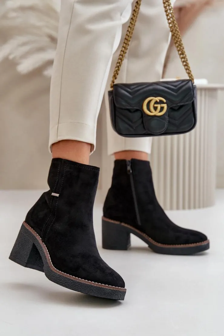 Boto Botki Ocieplane|Brązowe I Beżowe Botki*Botki Damskie Na Słupku Ocieplane Eko Zamszowe Czarne Arkesia Czarny