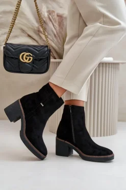 Boto Botki Ocieplane|Brązowe I Beżowe Botki*Botki Damskie Na Słupku Ocieplane Eko Zamszowe Czarne Arkesia Czarny