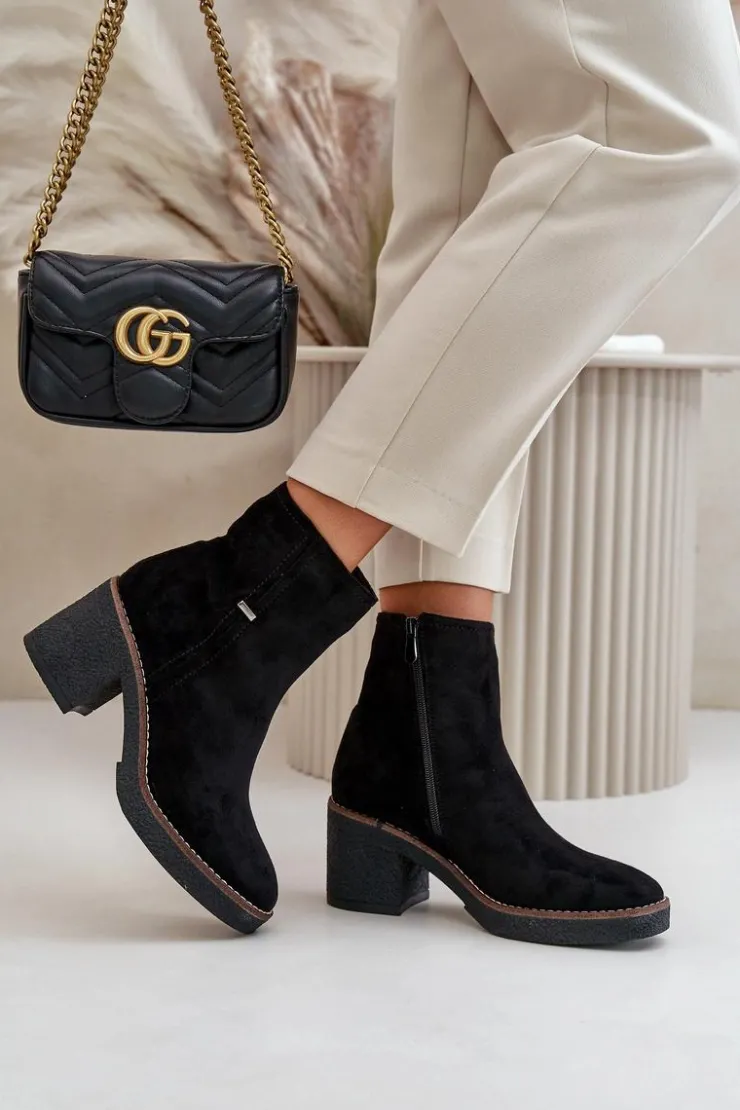 Boto Botki Ocieplane|Brązowe I Beżowe Botki*Botki Damskie Na Słupku Ocieplane Eko Zamszowe Czarne Arkesia Czarny