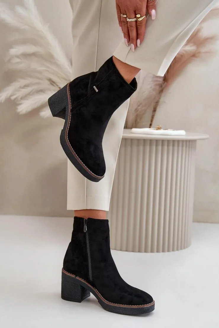 Boto Botki Ocieplane|Brązowe I Beżowe Botki*Botki Damskie Na Słupku Ocieplane Eko Zamszowe Czarne Arkesia Czarny