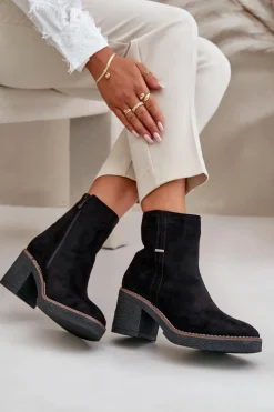 Boto Botki Ocieplane|Brązowe I Beżowe Botki*Botki Damskie Na Słupku Ocieplane Eko Zamszowe Czarne Arkesia Czarny